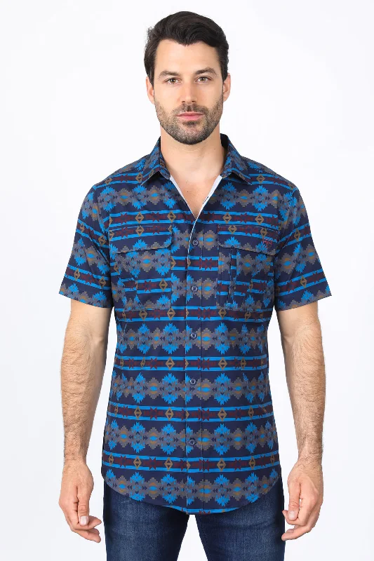 Men's Travel Shirts for Easy PackingMens Performance Classic Fit Western Short Sleeve Aztec Print Navy Shirt Men's Travel Shirts for Easy PackingMens Performance Classic Fit Western Short Sleeve Aztec Print Navy Shirt