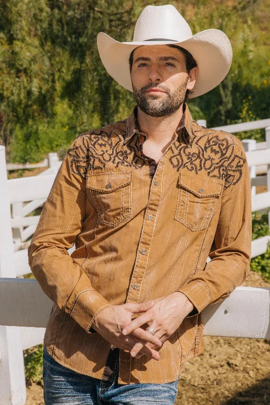 Men's Travel Shirts for Easy PackingMens Vintage Washed 2-tone Embroidery Modern Fit Stretch Shirt