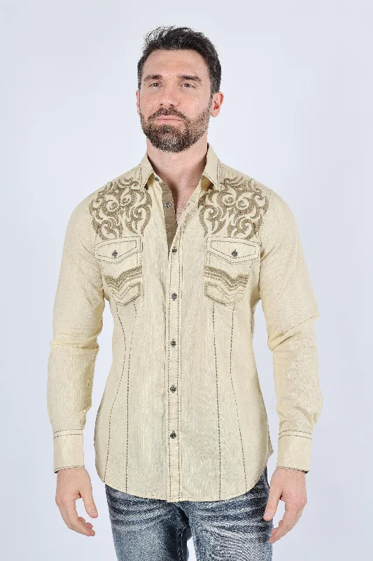 Men's Insulated Shirts for Cold WeatherMens Vintage Washed 2-tone Embroidery Modern Fit Stretch Shirt