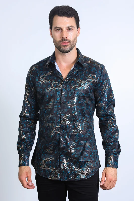Men's Easy-Care Shirts for Busy LifestylesMens Modern Fit Stretch Foil Fashion Black Shirt Men's Easy-Care Shirts for Busy LifestylesMens Modern Fit Stretch Foil Fashion Black Shirt