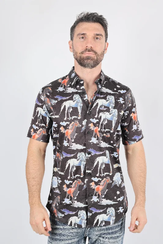 Men's Iron-Free Shirts for Wrinkle-Resistant WearMens Short Sleeve Modern Fit Stretch Wild Horses Print Shirt