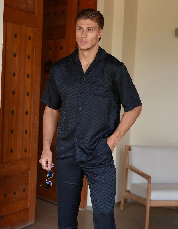Men's Pattern Mixing Shirts for Creative StyleBlack Jacquard Illusion S/S Shirt