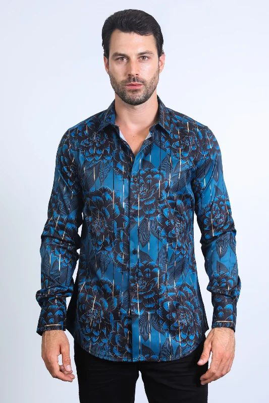 Men's Iron-Free Shirts for Wrinkle-Resistant WearMens Modern Fit Stretch Foil Fashion DK. Teal Shirt Men's Iron-Free Shirts for Wrinkle-Resistant WearMens Modern Fit Stretch Foil Fashion DK. Teal Shirt