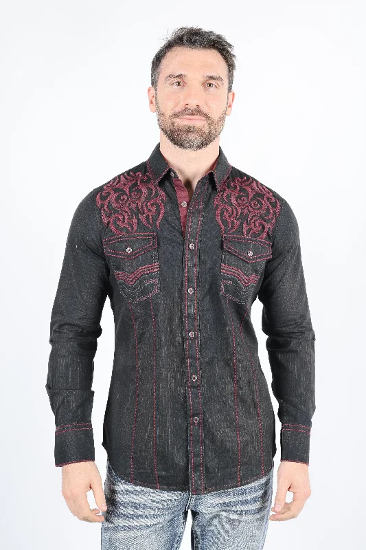 Men's Smart Casual Shirts for Business Casual SettingsMens Vintage Washed 2-tone Embroidery Modern Fit Stretch Shirt
