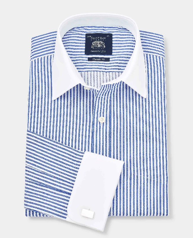 Men's Versatile Dress Shirts for Multiple OccasionsBlue Bengal Stripe Windsor Collar Classic Fit Formal Shirt - Double Cuff