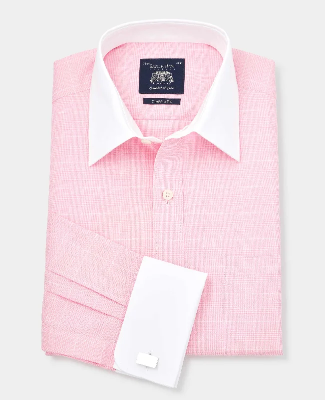Men's Cufflink-Ready Shirts for Formal EventsPink Prince of Wales Check Classic Fit Contrast Collar Formal Shirt With White Collar & Cuffs