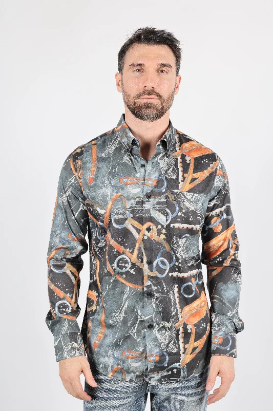 Men's French-Cuff Shirts for a Sophisticated EdgeMens Long Sleeve Modern Fit Stretch Wild Horses Print Shirt