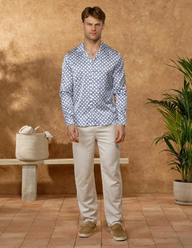 Men's Patterned Button-Down Shirts for Added InterestWhite/Navy Block Printed Long Sleeve Shirt Men's Patterned Button-Down Shirts for Added InterestWhite/Navy Block Printed Long Sleeve Shirt