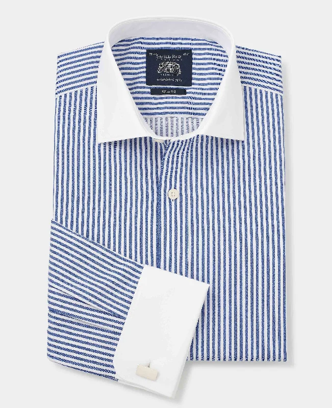 Casual Men's Button-Down ShirtsBlue Bengal Stripe Slim Fit Formal Shirt - White Double Cuffs & Collar Casual Men's Button-Down ShirtsBlue Bengal Stripe Slim Fit Formal Shirt - White Double Cuffs & Collar