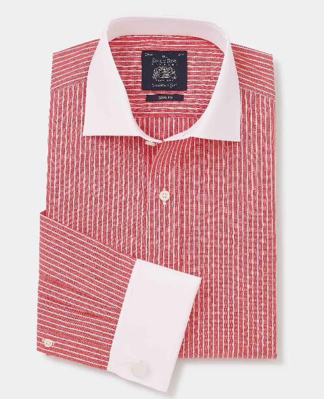 Men's Solid-Color Button-Down Shirts for VersatilityRed White Reverse Stripe Cutaway Collar Slim Fit Formal Shirt - Double Cuff