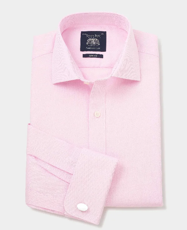 Casual Men's Button-Down ShirtsPink Cotton Herringbone Slim Fit Formal Shirt - Double Cuff