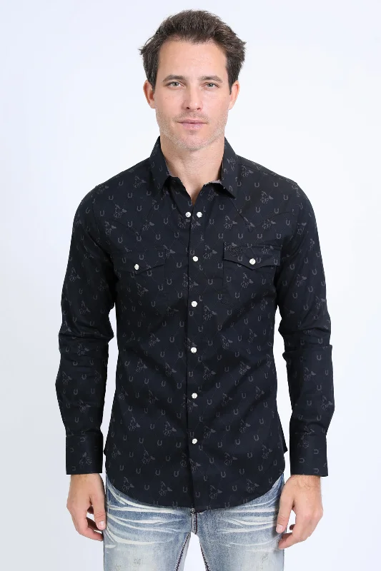 Men's Golf Shirts for On-Course StyleMens Western Modern Fit Cotton/Spandex Long Sleeve Black Shirt with Snaps Men's Golf Shirts for On-Course StyleMens Western Modern Fit Cotton/Spandex Long Sleeve Black Shirt with Snaps