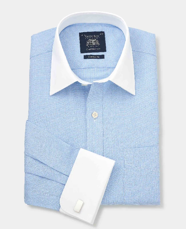 Men's Button-Down Collar Shirts for Staying PolishedBlue Puppytooth Classic Fit Contrast Collar Shirt - Double Cuff Men's Button-Down Collar Shirts for Staying PolishedBlue Puppytooth Classic Fit Contrast Collar Shirt - Double Cuff