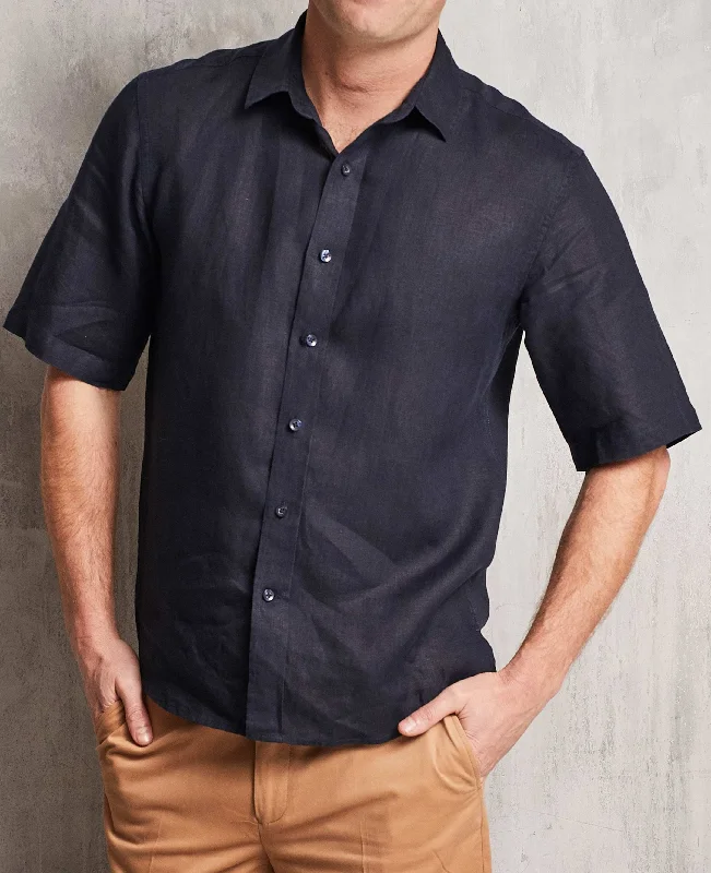 Men's Denim Shirts for a Rugged LookNavy Short Sleeve Pure Linen Slim Fit Shirt in Shorter Length [RTC]