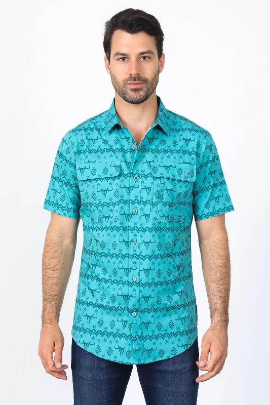 Men's Patterned Dress Casual Shirts for Smart-Casual EventsMens Performance Classic Fit Western Sage Short Sleeve Aztec Print Shirt
