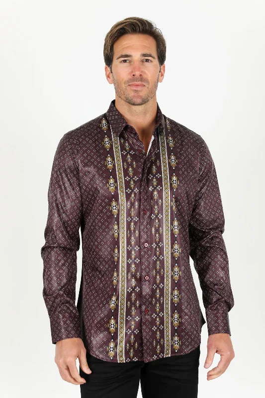 Men's Long-Sleeve Shirts for Year-Round WearMens Modern Fit Stretch Aztec Foiled Shirt - Wine Men's Long-Sleeve Shirts for Year-Round WearMens Modern Fit Stretch Aztec Foiled Shirt - Wine