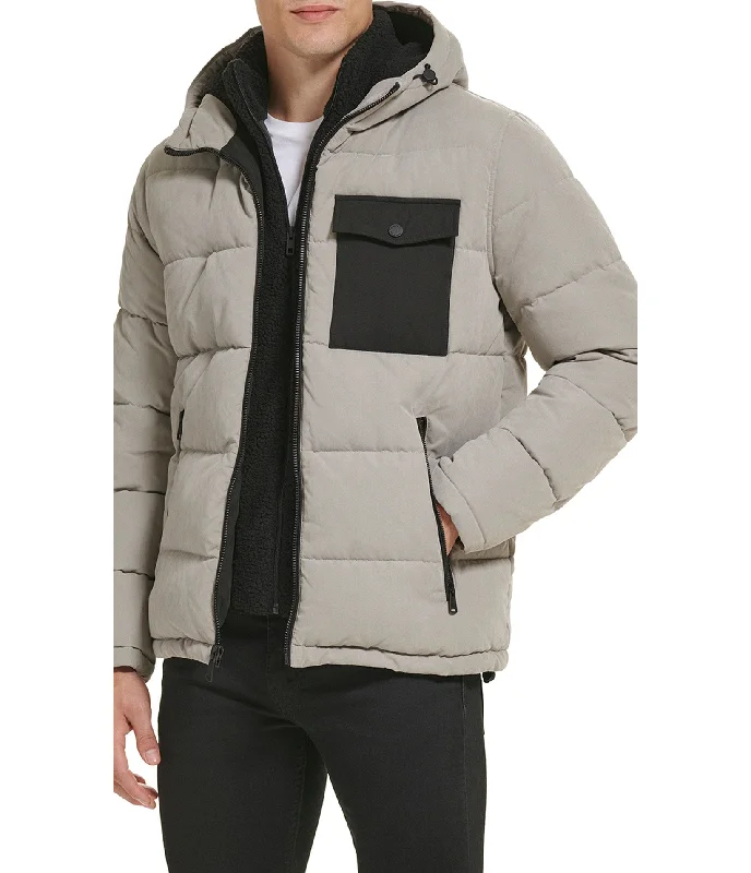 Men's Coats with ZippersColor Block Mixed Media Puffer