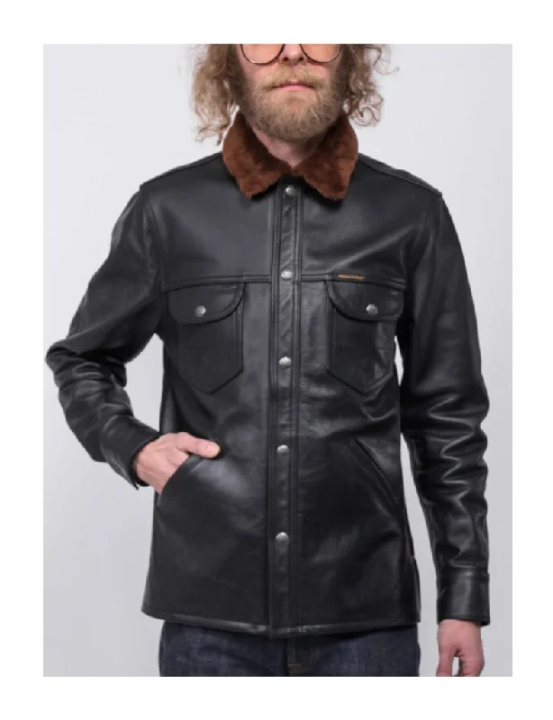 Men's Coats for Dressy OccasionsIndigofera Eagle Rising Leather Jacket With Fur Collar - Black Men's Coats for Dressy OccasionsIndigofera Eagle Rising Leather Jacket With Fur Collar - Black
