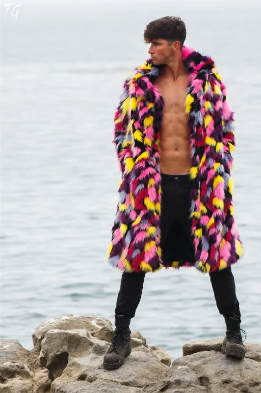 Men's Coats for Ice FishingMen's Dutch Coat in "Kaleidoscope-Pink-Yellow-Blue"