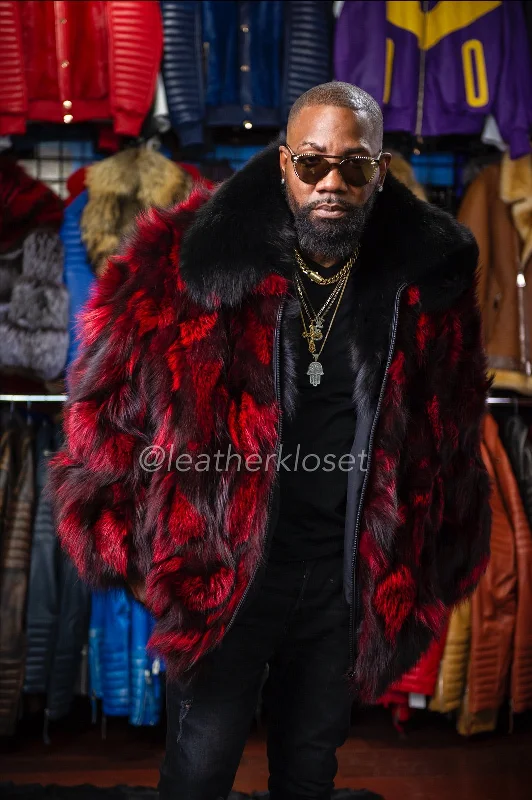 Men's Coats with Tactical FeaturesMen's Fox Fur Bomber Jacket [Black and Red]