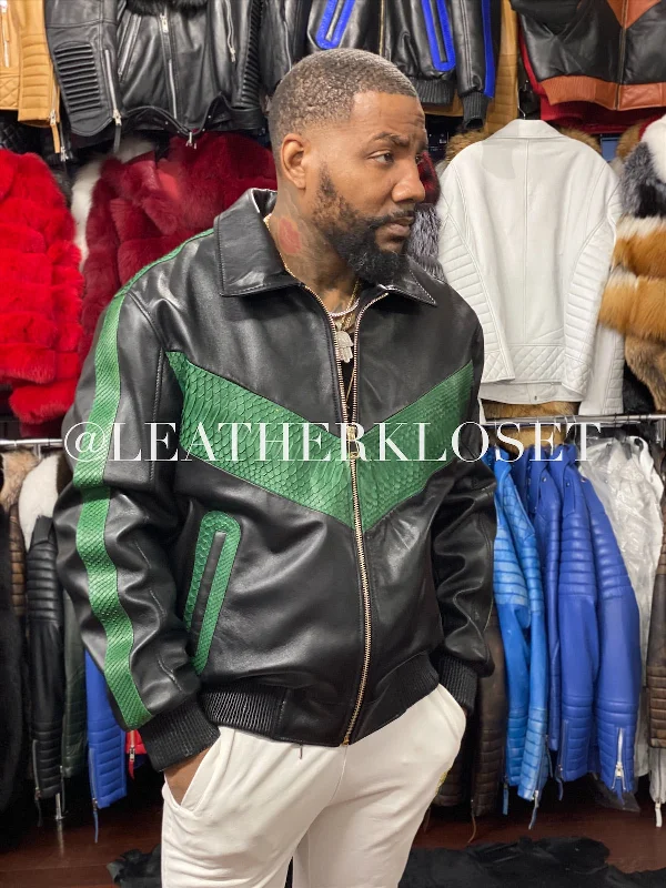 Stylish Men's Biker JacketsMen's Real Python And Leather Bomber Jacket [Black-Green]