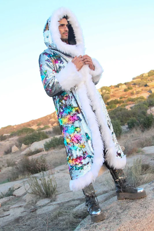 Unique Men's Flight JacketsMen's Sequin King Coat in "Silver Hologram-Rainbow"