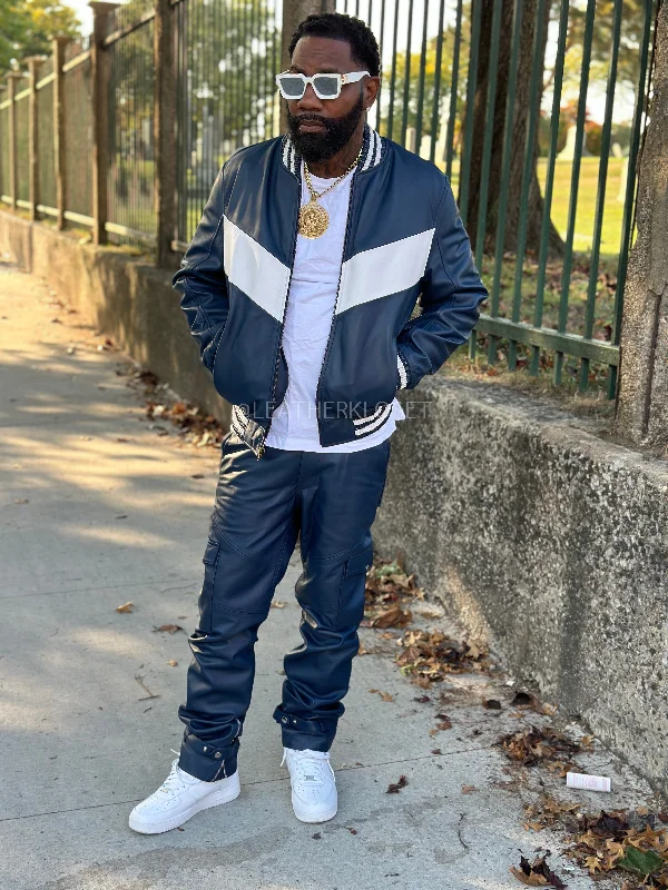 Comfortable Men's ParkasMen's V-Baseball Jacket & Leather Stack Jean Pants [Navy]