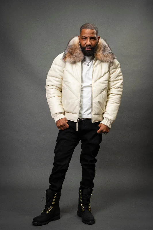 Weather-Resistant Men's CoatsMen's V-Bomber Beige Premium Fox Collar [Beige]