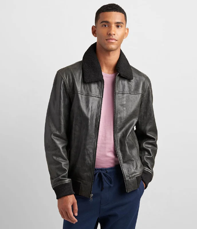 Men's Coats with ZippersLeather Aviator Bomber With Detachable Faux Fur