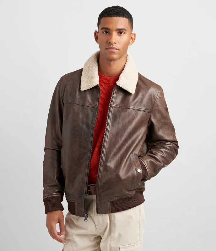 Men's Coats without LiningLeather Aviator Bomber With Detachable Faux Fur