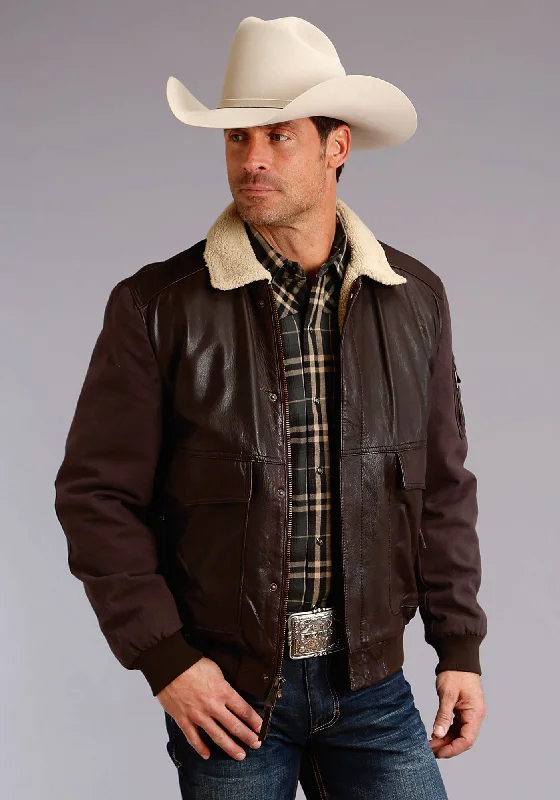 Men's Coats with Slim FitsStetson Mens Dark Brown Leather Canvas Bomber Jacket
