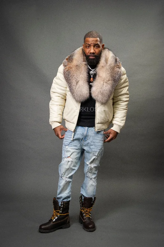 Men's Coats for Formal EventsV-Bomber Leather Premium Full Fox Fur Collar [Beige]