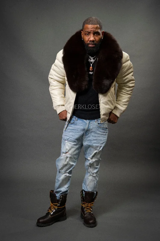 Men's Coats with ButtonsV-Bomber Leather Premium Full Fox Fur Collar [Beige]