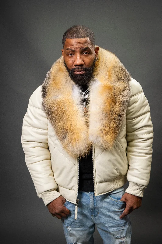 Men's Coats with Multi-Pocket DesignV-Bomber Leather Premium Full Fox Fur Collar [Beige]