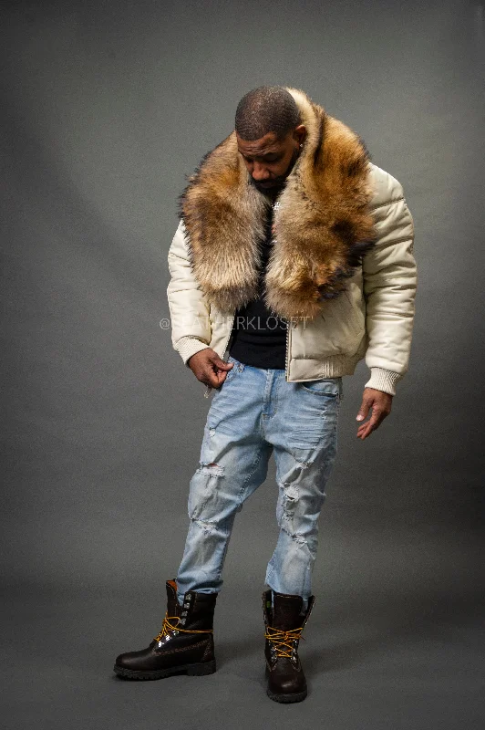 Men's Coats with Modern CutsV-Bomber Leather Premium Full Raccoon Fur Collar [Beige]