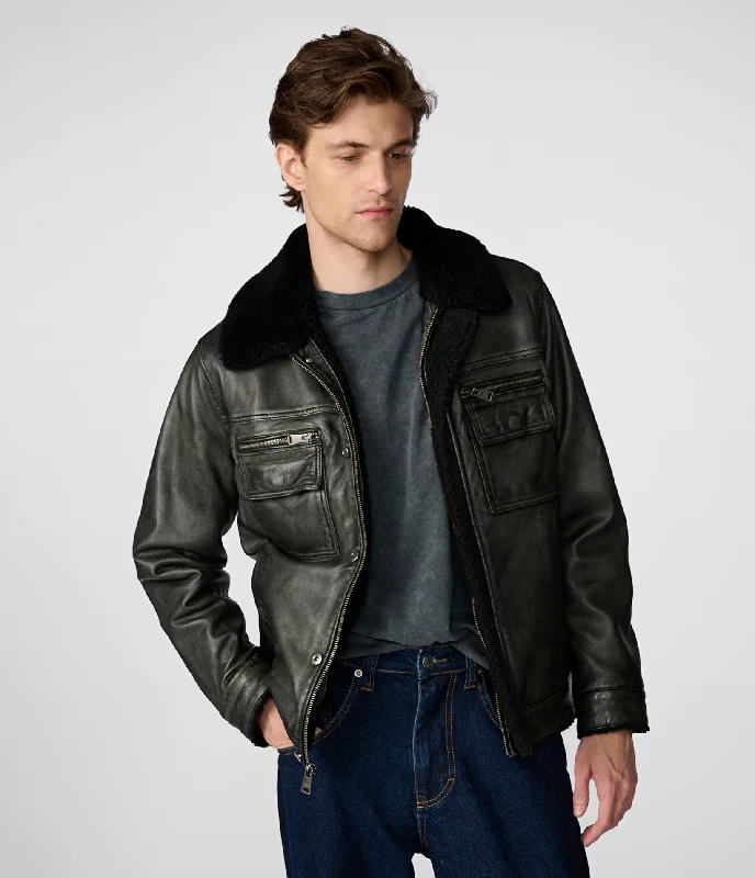 Comfortable Men's ParkasTom Leather Trucker With Shearling Collar