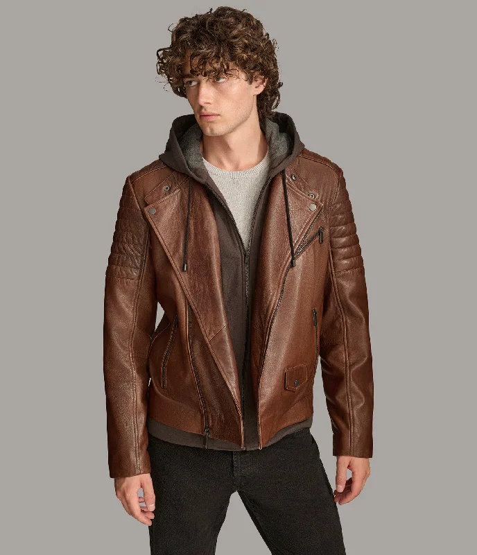 Men's Coats with Patchwork DesignsAndres Moto With Zip Off Hood