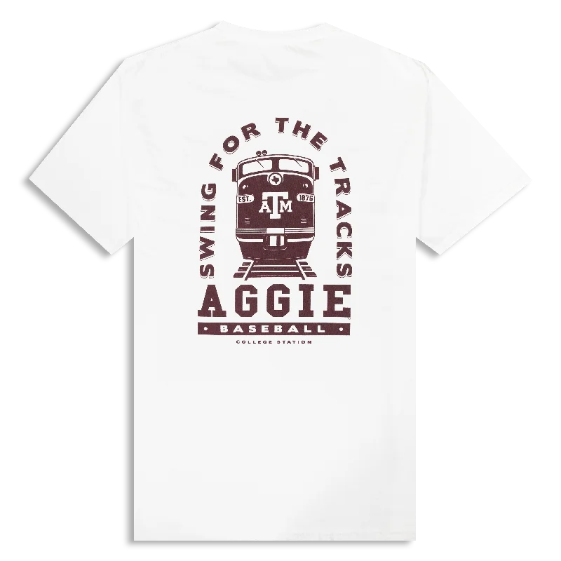 Men's Shirts with Patch PocketsTexas A&M Aggie Baseball Swing for the Tracks White T-Shirt Men's Shirts with Patch PocketsTexas A&M Aggie Baseball Swing for the Tracks White T-Shirt